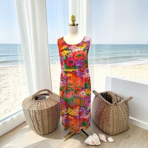 VTG Jams World In Bloom Hawaiian Midi Dress Pockets Sz S 1990’s Rayon EUC